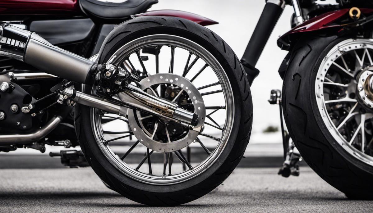 Fixing Motorcycle Wheel Alignment: A Comprehensive Guide 5 A close-up image of motorcycle wheels and their alignment marks.